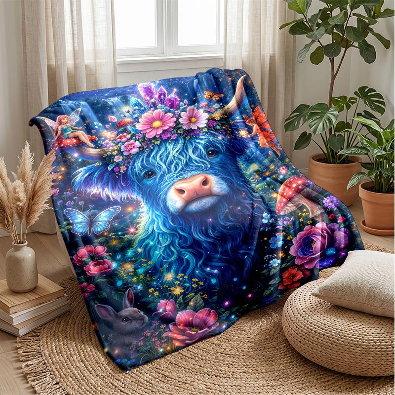 Fairy Highland Cow with Rainbow Theme blanket Lightweight Warm Flannel Blanket Decorative Throw Blanket for Home Decoration