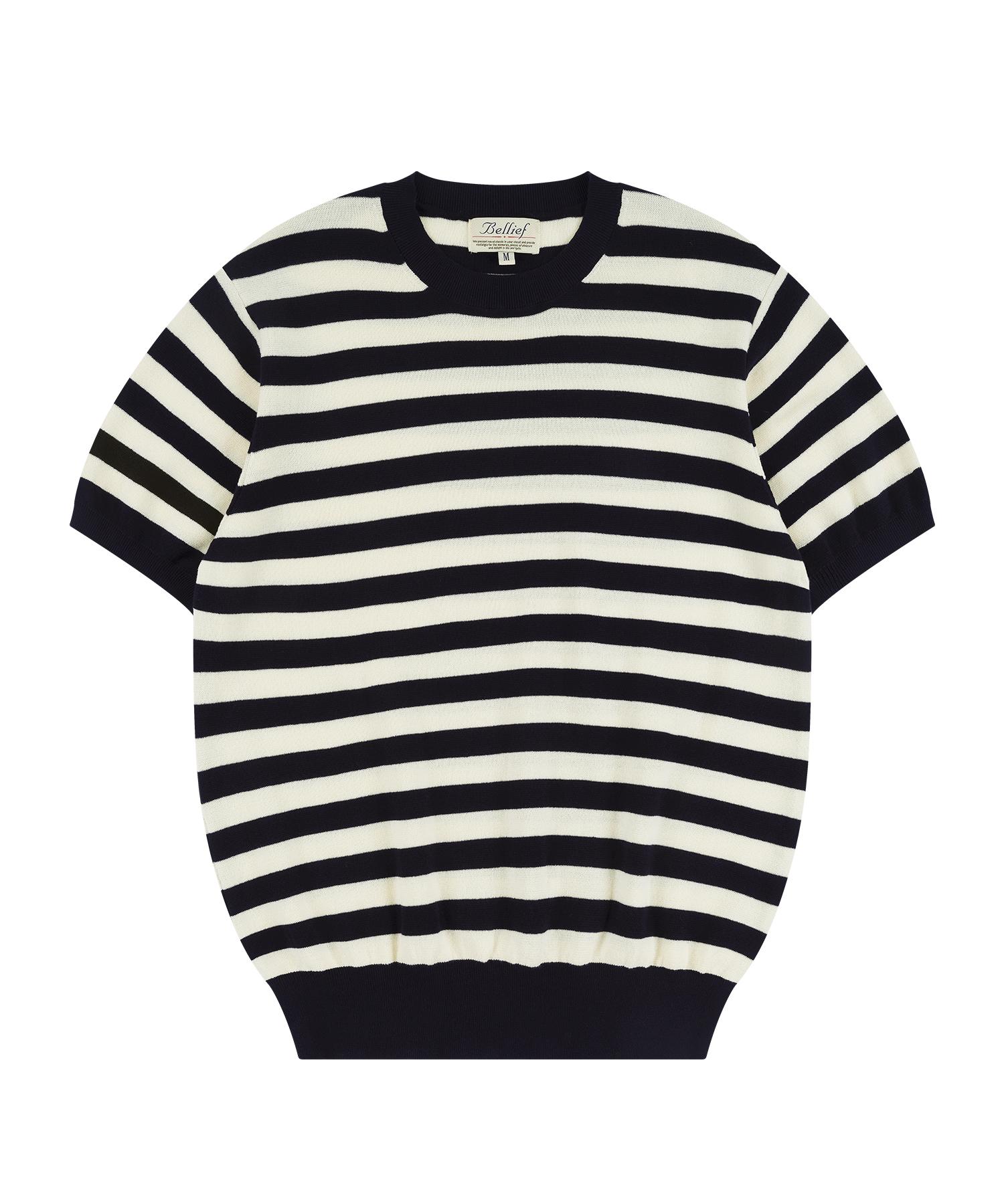 Belief Essential Comfort Short Sleeve Round Knit (Navy/Ivory) Navy/L