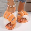 Fashion Pearls Crystal Plush Slippers Women Fashion Cross Band Slip On Cotton Slippers Woman Winter Faux Fur Warm Slides Female Comfort