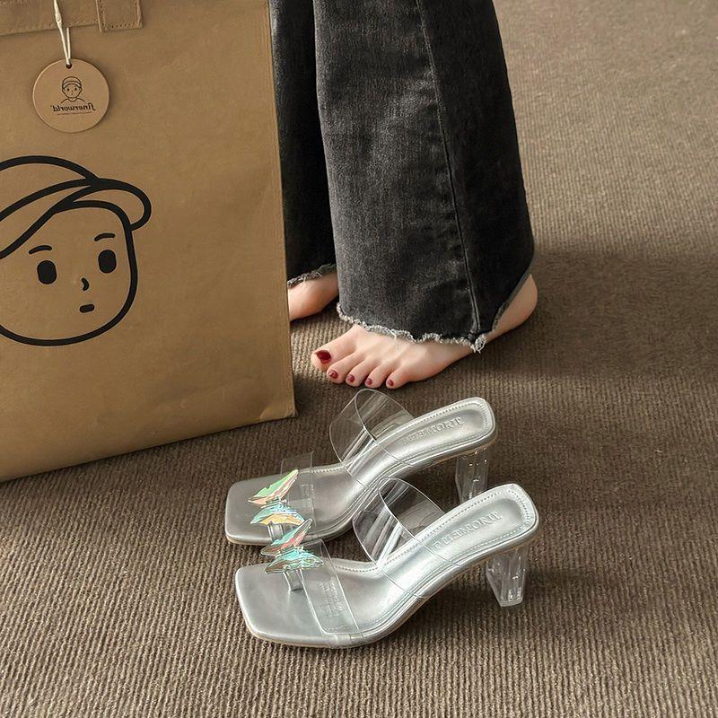 Transparent Word with Rhinestone Toe Cool Slippers 2025 New Fairy Style with Skirt Bow Crystal Slippers Woman