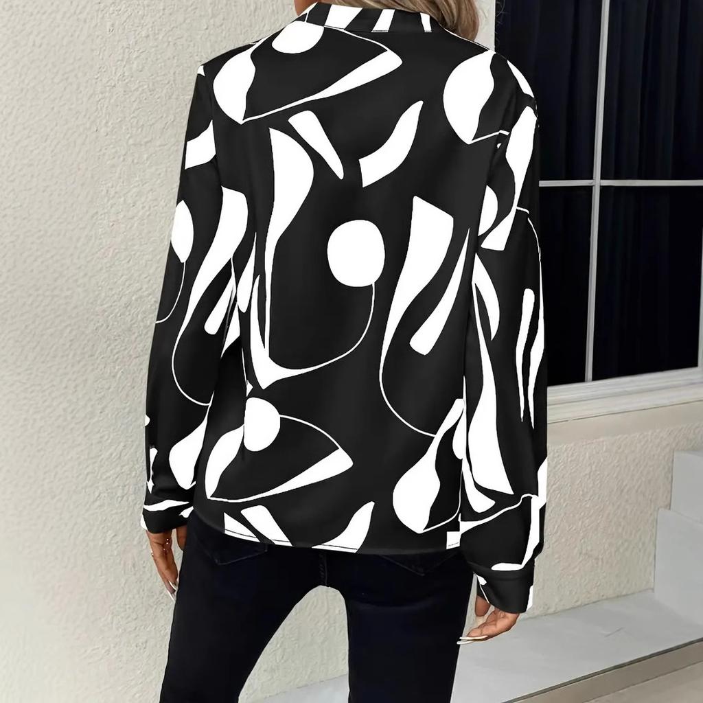Women's V Neck Long Sleeve Loose Fit Blouse Abstract Pattern Casual Shirt