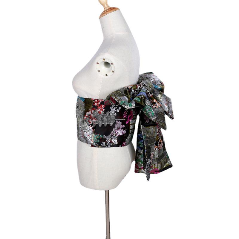 Japanese Kimono Obi: Brocade Jacquard Taiko Bow with Floral Knot Trim