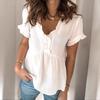 Damenhemd V-Ausschnitt Rüschen Kurze Ärmel Hohe Taille A-Linien-Silhouette Lässige Bluse Einfarbige Lockere Passform T-Shirt