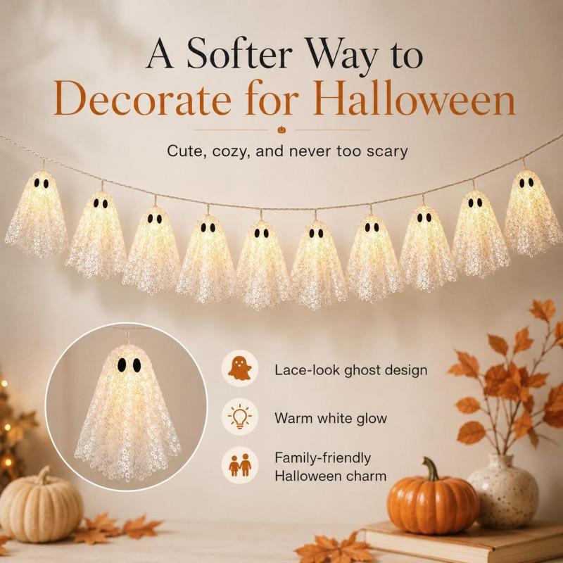 Lighted Lace Ghost Garland Halloween Fireplace Decor 10-Set Spooky Party Hanging
