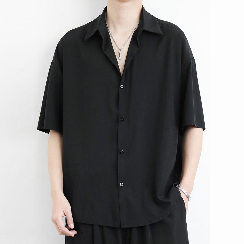 Men's Trendy Black Ice Silk Short-Sleeve Casual Shirt - Cool, Loose, and Stylish