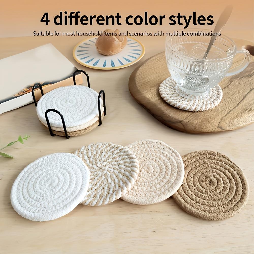8pcs Flaxen Rope Coasters, Heat-Resistant and Non-Slip Absorbent Round Coasters In Rustic Style with Storage Rack for Home Dining Table or Coffee Cups