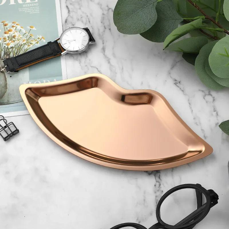 Ins Style Stainless Steel Lip Shaped Jewelry Tray Home Cosmetics Metal Decoration Tray Female Jewelry Storage Tray Decorative
