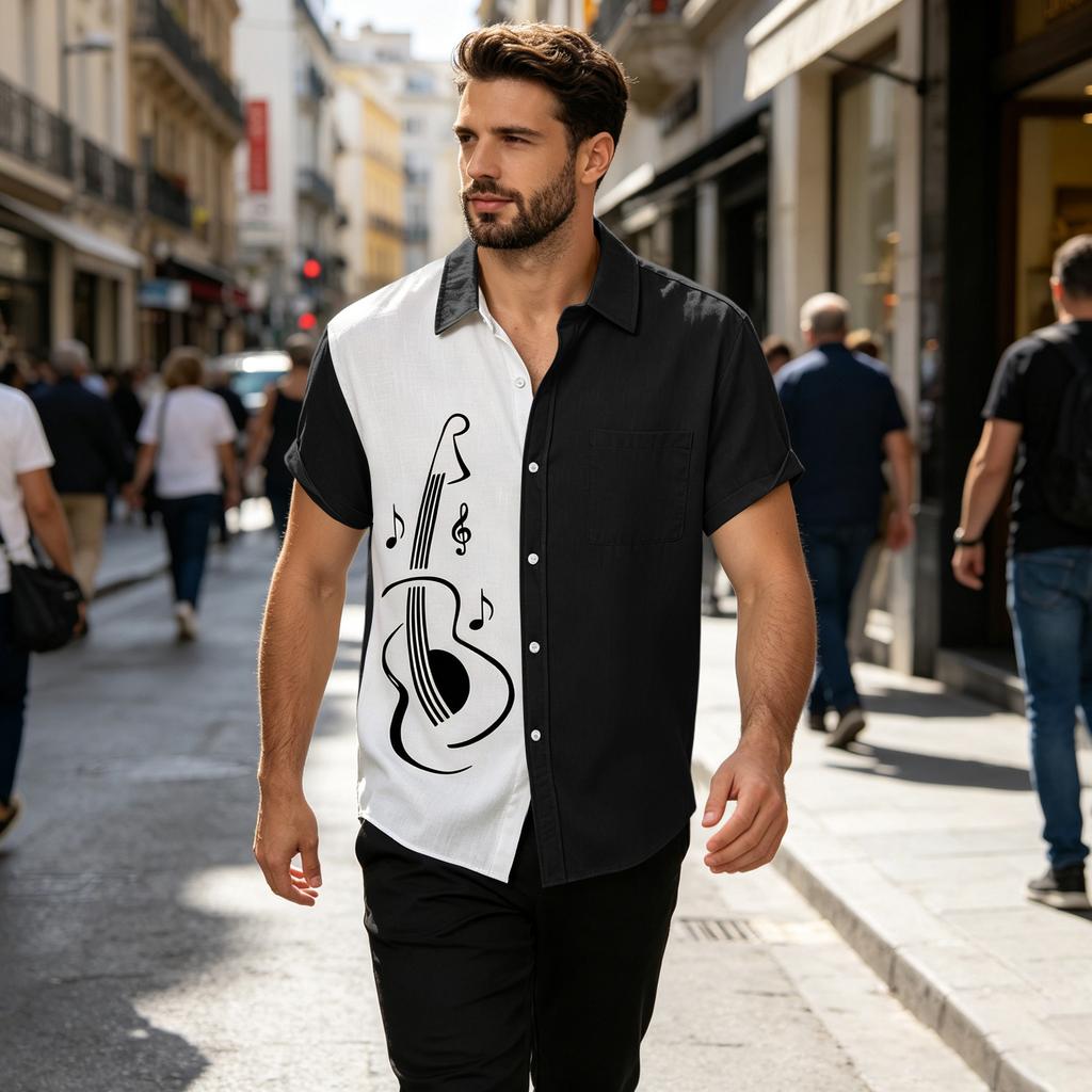 Men's Casual Loose Fit Short Sleeve Button Down Shirt with Printed Guitar Design Lightweight Summer Top