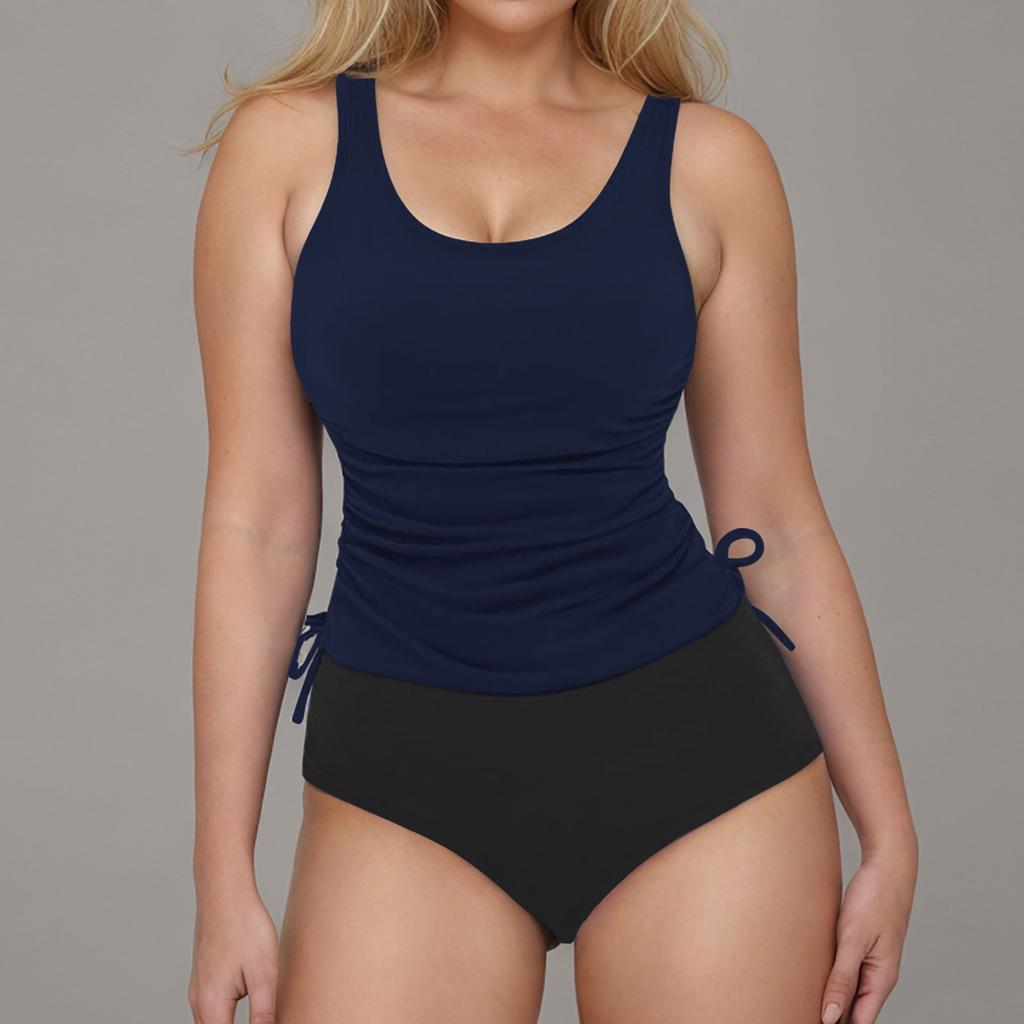 2026 Drawstring Tankini 2 Pieces Swimsuit Women Printed Swimwear Female Solid Bathers Bathing Swimming Swim Suit Beachwear XXL