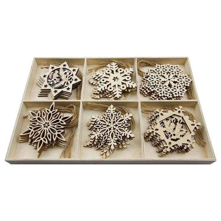 Promotional Gift Blank Wood Slices Crafts Snowflake Wood Pendant Christmas Tree Hanging Ornaments with Cord