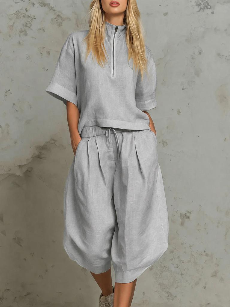 European and American Cross-border Women's Clothing Summer Casual Suit Semi-zipper Shirt Short-sleeved Top Drawstring Wide-leg Cropped Pants Two-piece