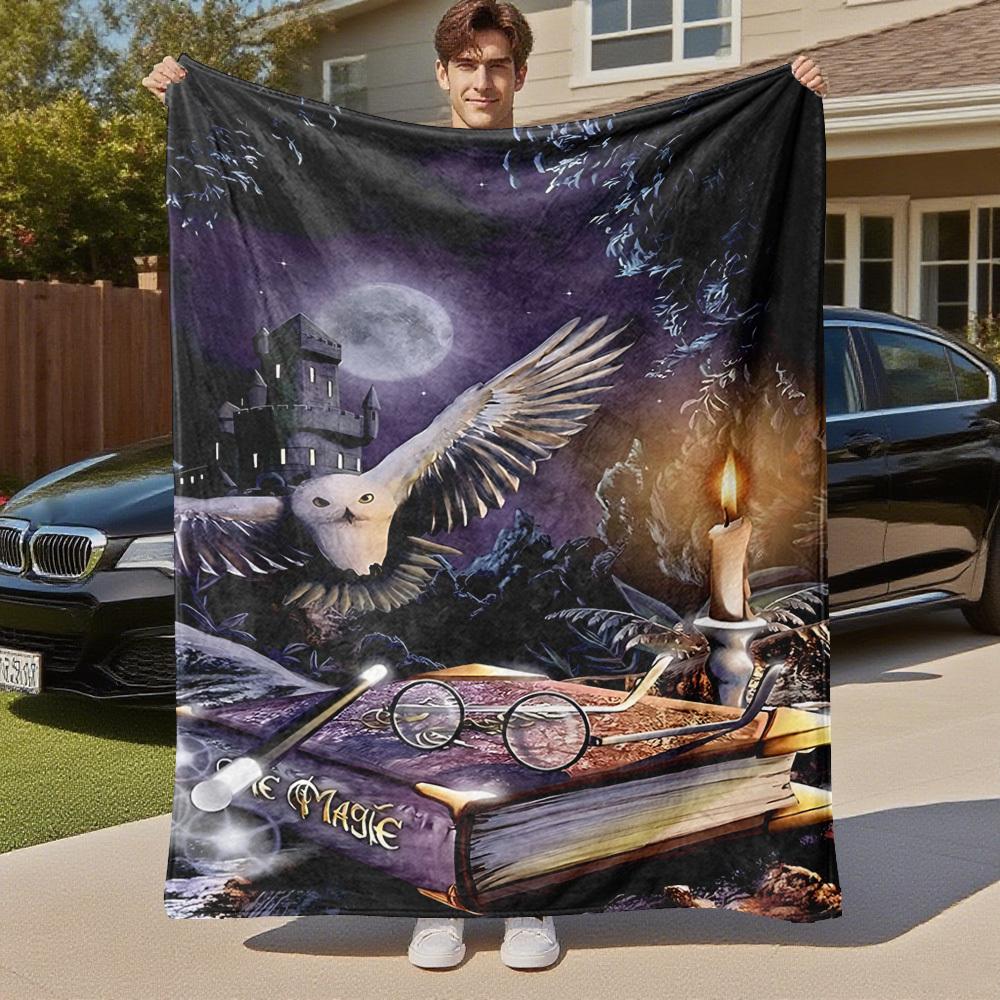 1pc magic castle owl Outdoor Flannel Throw Blanket All Season Soft Warmth,Home Decor 1031150