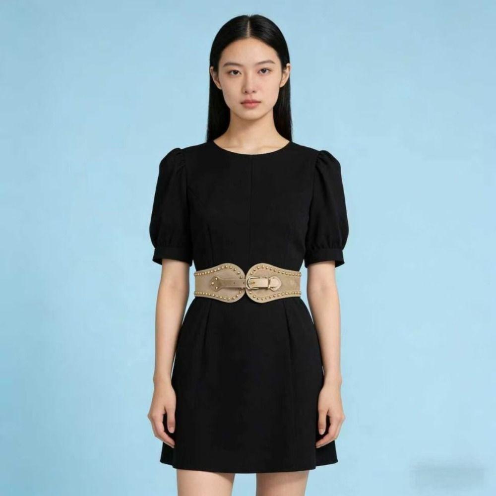 Adjustable Suede Rivet Belt PU Leather Elastic Cummerbunds Elegant Waist Seal Skirt Accessories