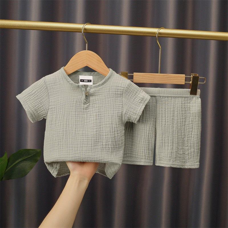 Letni bawełniano-lniany zestaw dla dzieci - Dziecięca podwójna gaza, luźny dwuczęściowy styl chiński