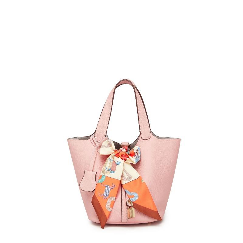 New Bag, Water Bucket, Vegetable Basket, Women's Bag, Leather Top Layer, Hand-held Mommy Bag, Bride's Wedding Bag, High-end Silk Scarf