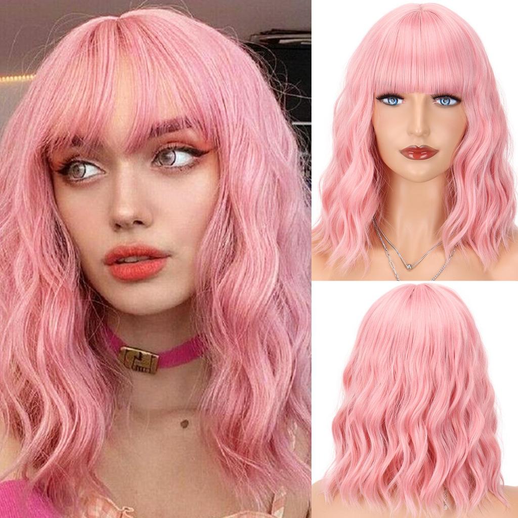 LISI HAIR Burgundy Short Wavy Synthetic Heat Resistant Fiber Wigs with Bangs Black Brown Pink Bob Hair Wigs for Cosplay