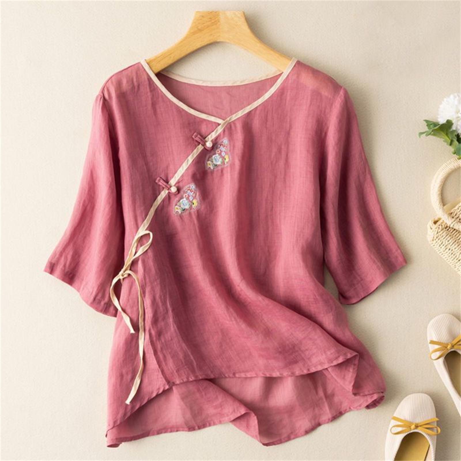 

Women s Vintage Inspired Loose Fit Embroidered Button Front Cotton Linen Blend Blouse With Three Quarter Sleeves XXL