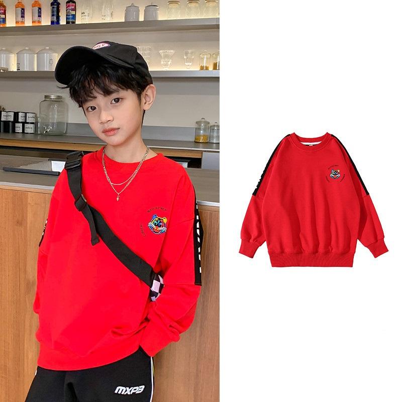Spring Autumn Boys Round Neck Loose Contrast Cartoon Tiger Sweatshirt School Kids Track Pullover Tops