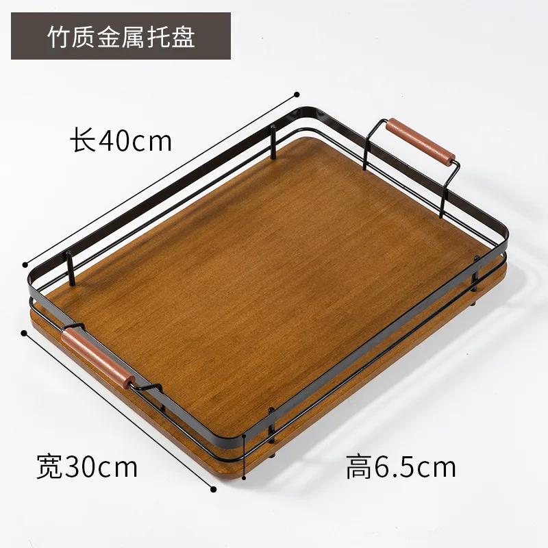 2024 New Bamboo Fruit Tray with Metal Handle, Barbecue Tray Tea Tray Dessert & Bread Plates Wooden Plate Cake Stand