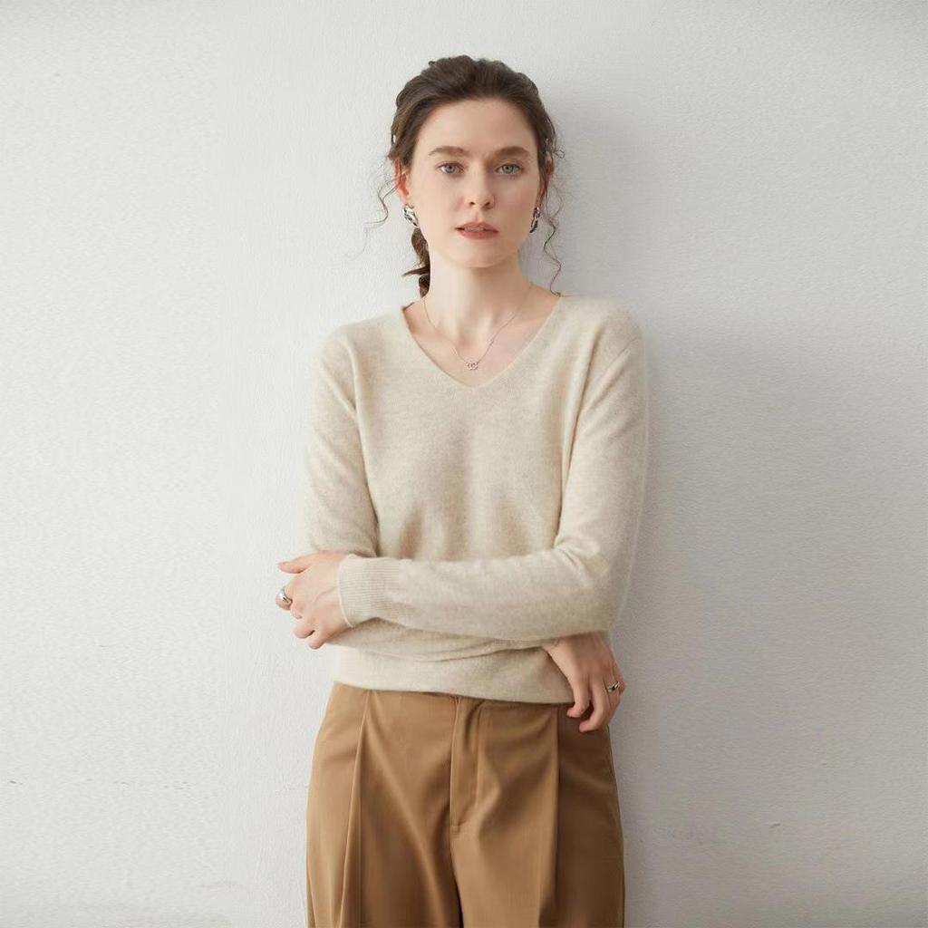 Women's V-Neck Cashmere Long Sleeve Sweater - Autumn/Winter Knitwear Pullover