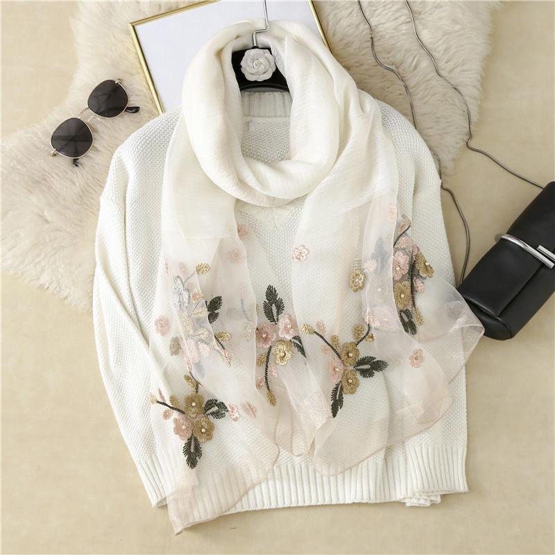 

Silk Silk Scarf Women S Wool Embroidered Begonia Scarf Long Spring And Autumn Fashion Middle-Aged Mother Summer Sunscreen Shawl