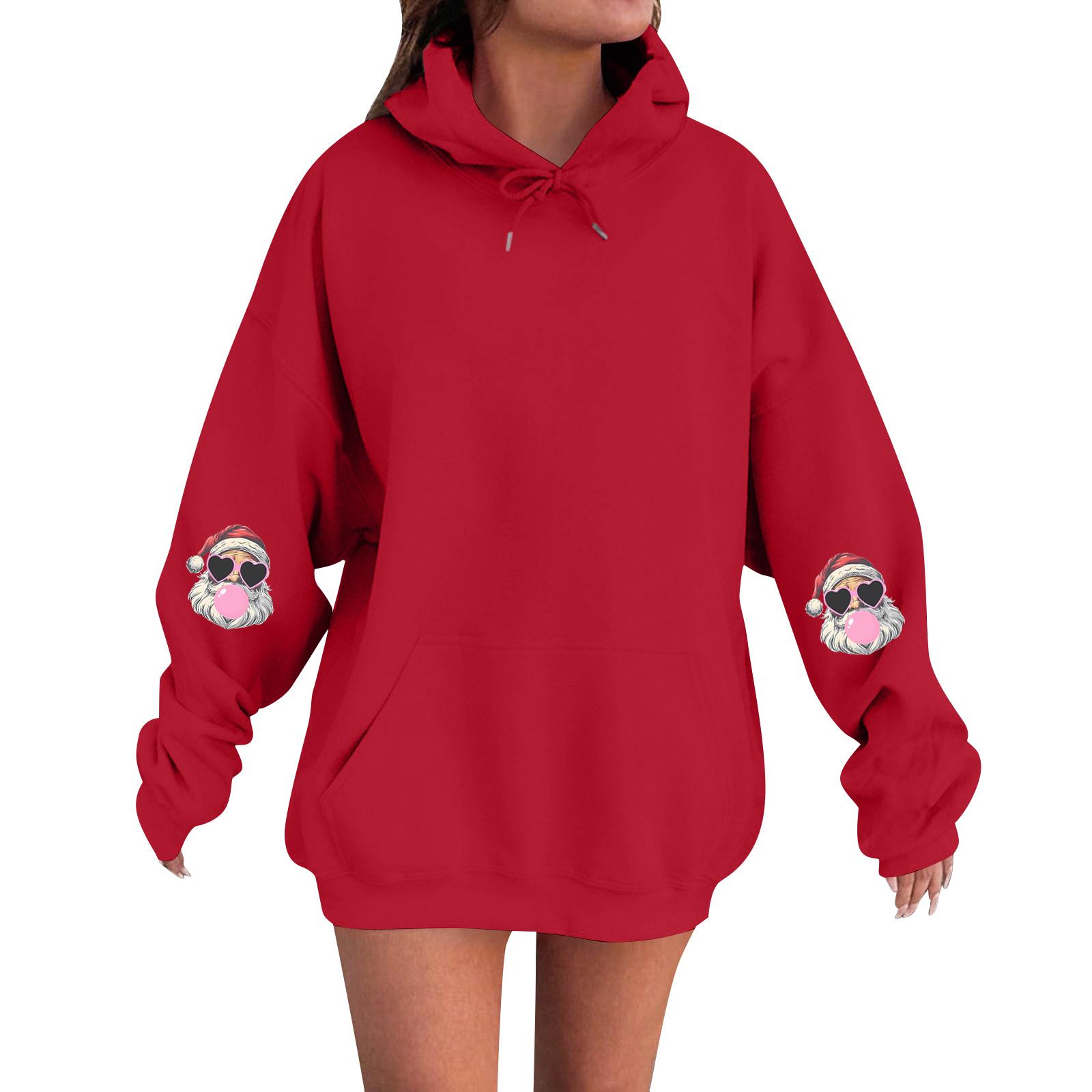 

Женский модный, расслабленный и удобный свитер с круглым вырезом и капюшоном, с длинными рукавами и рождественским принтом, теплый свитер XXL винный