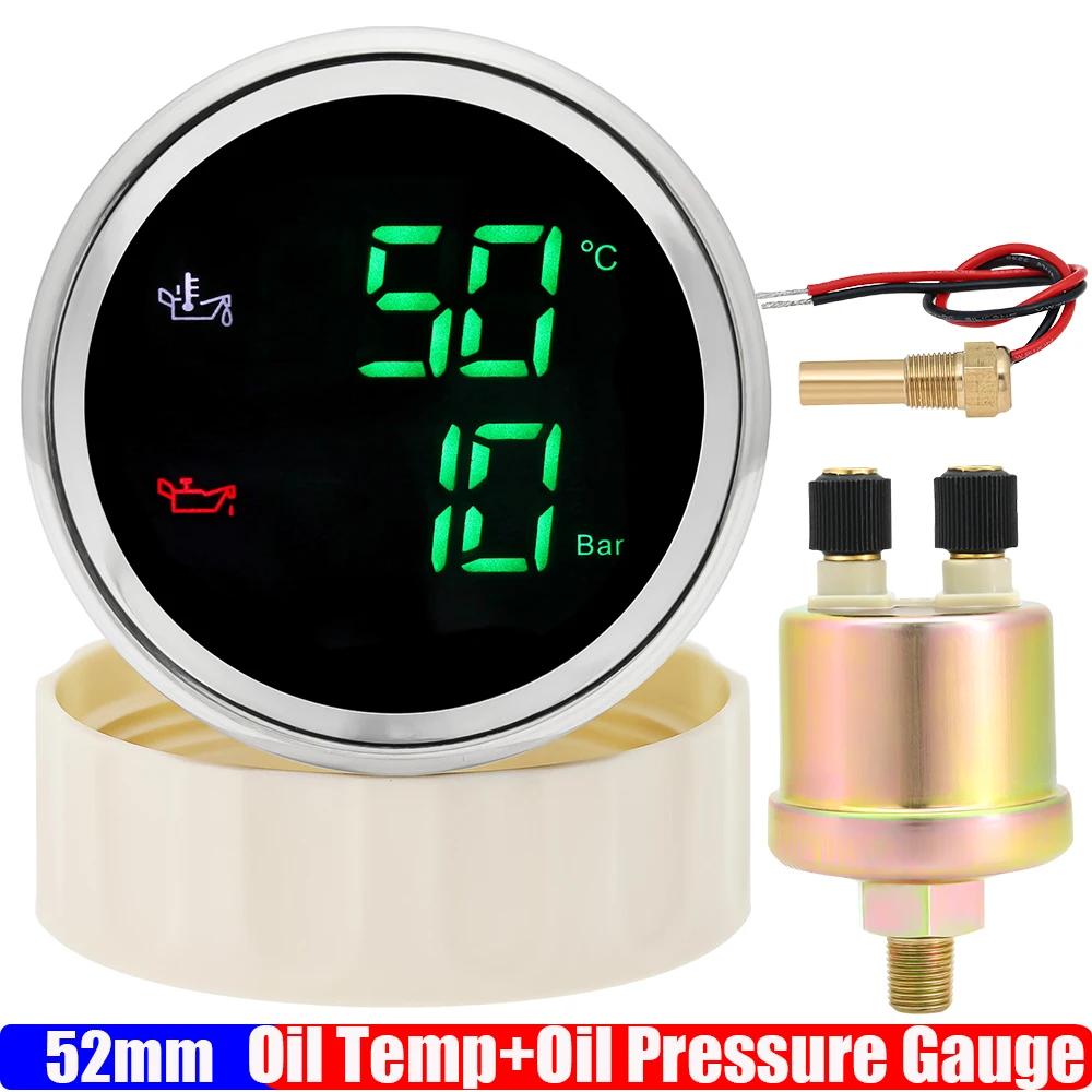 

Digital 2 IN 1 Oil Temperature+Oil Pressure Gauge Green Red LED 52mm Gauge with Oil Press/Temp Sensor for Car Boat 12V24V Green LED BS