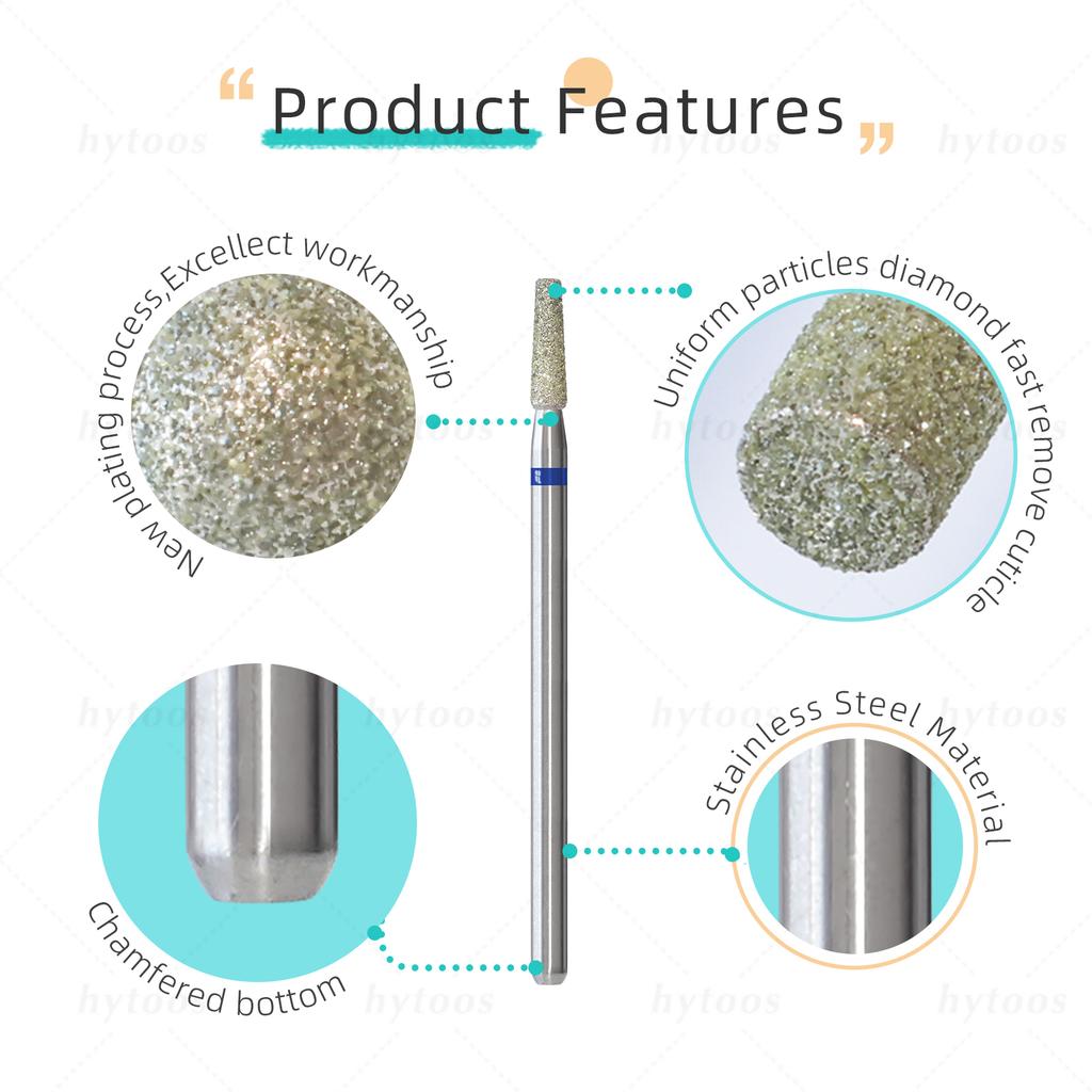 HYTOOS 2mm Tapered Diamond Nail Bit 3/32'' Cuticle Cleaner Under Nail Dead Skin Remover Safety Professional Manicure