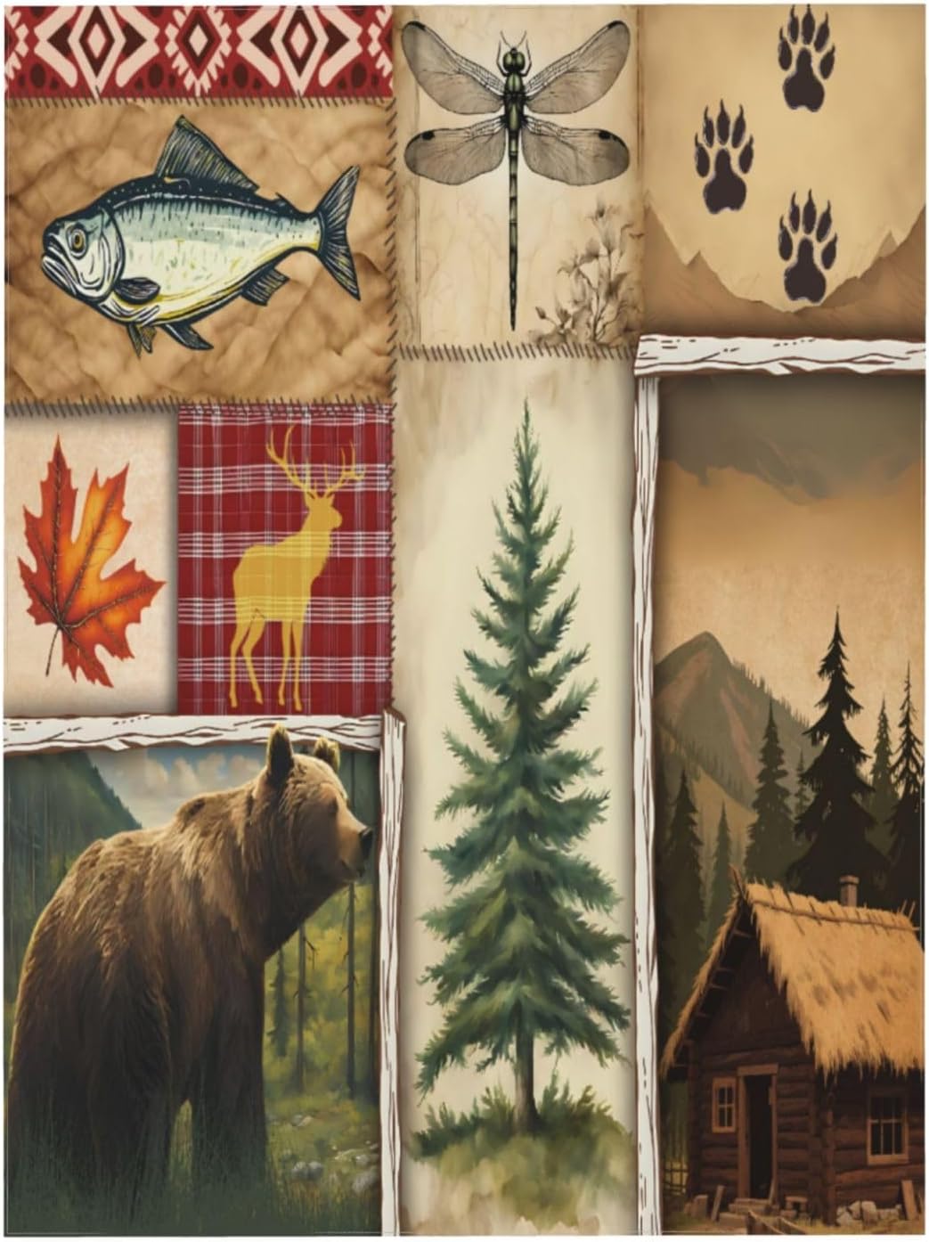 Rustiek Vintage Rechthoekig Tafelkleed - Beer Lodge Eland Hert Vis Libel Esdoornblad Boom Dierlijke Poot Keuken Eetkamer Deksel 140x140cm
