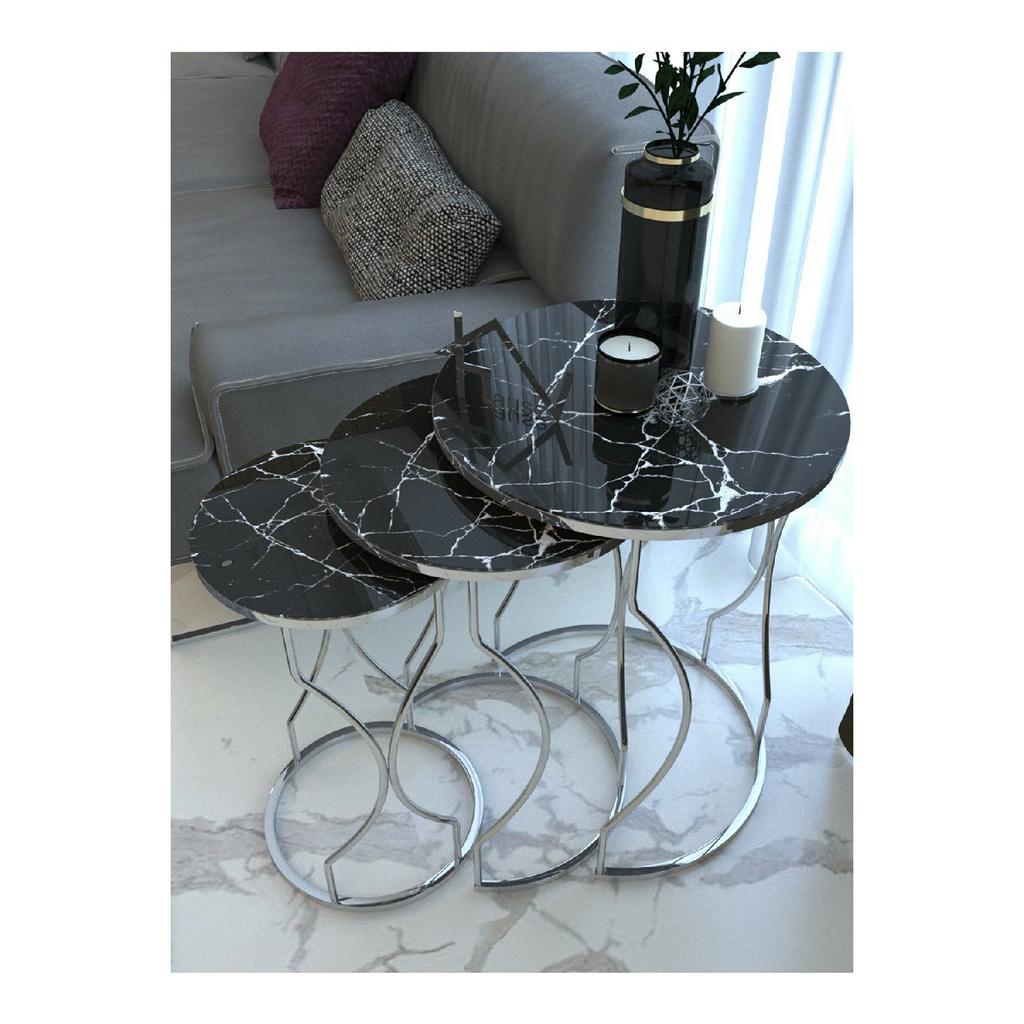 Dream Model Gold Metal Nesting Coffee Table Tempered Unbreakable Black-yellow Marble Pattern Glass