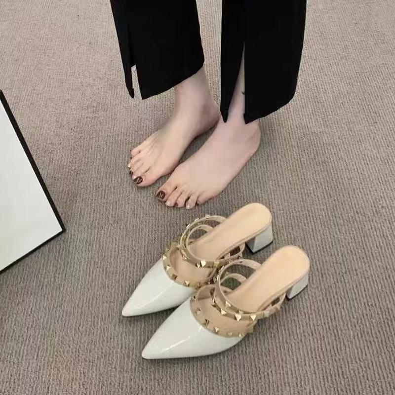 

Fashion Baotou High-heeled Shoes Women s Fashion Pointed Toe Shallow Rivet Non-slip Square Heel Sandals and Slippers 35