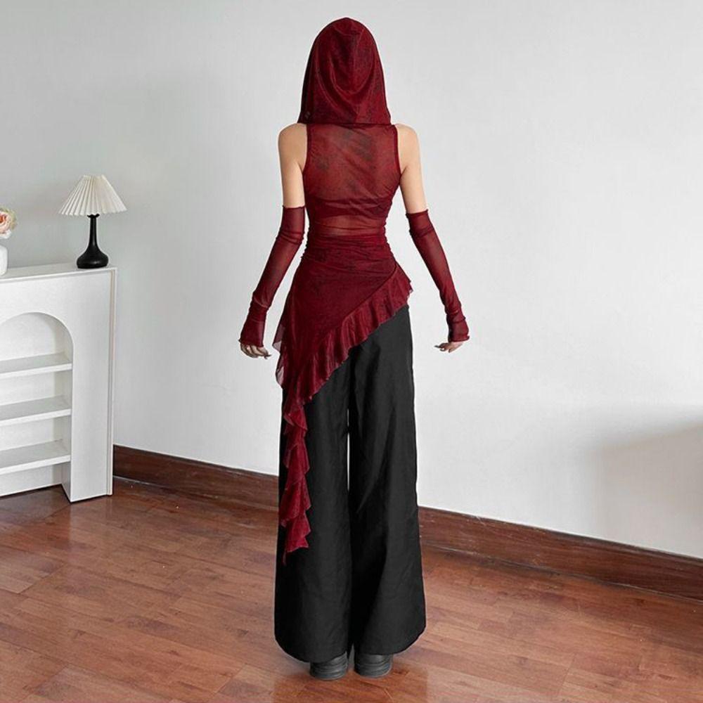 Hooded T-shirt Vintage Gothic Hooded Mesh Long Sleeve Tops Ruffle Long Sleeve Shirt  Girls Gift