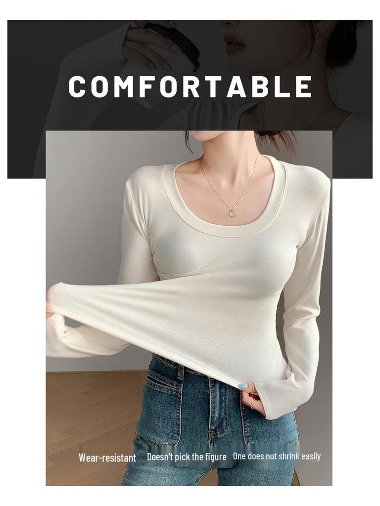 Women's H256 Slim Fit Round Neck Long Sleeve T-Shirt - Versatile Solid Color Base Layer for Spring and Autumn.