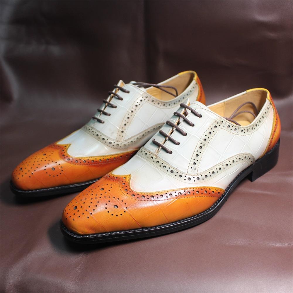 

Luxury Genuine Leather Oxford Shoes for Men Pointed Toe Lace-Up Mixed Color Formal Crocodile Pattern Dress Shoes for Party 46 слоновая кость