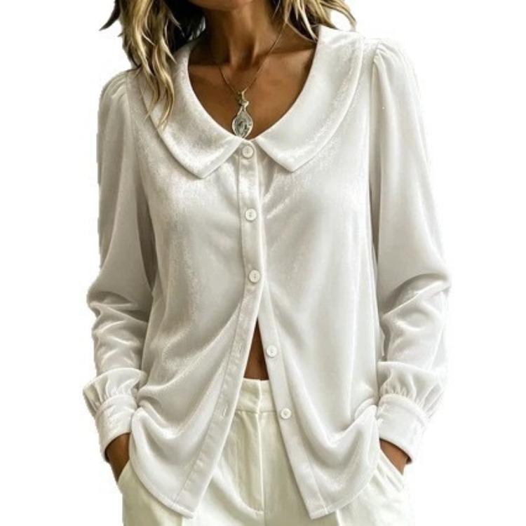 Women Velvet Solid Color Lapel Long Sleeve Blouse Casual Elegant Button Down Top S
