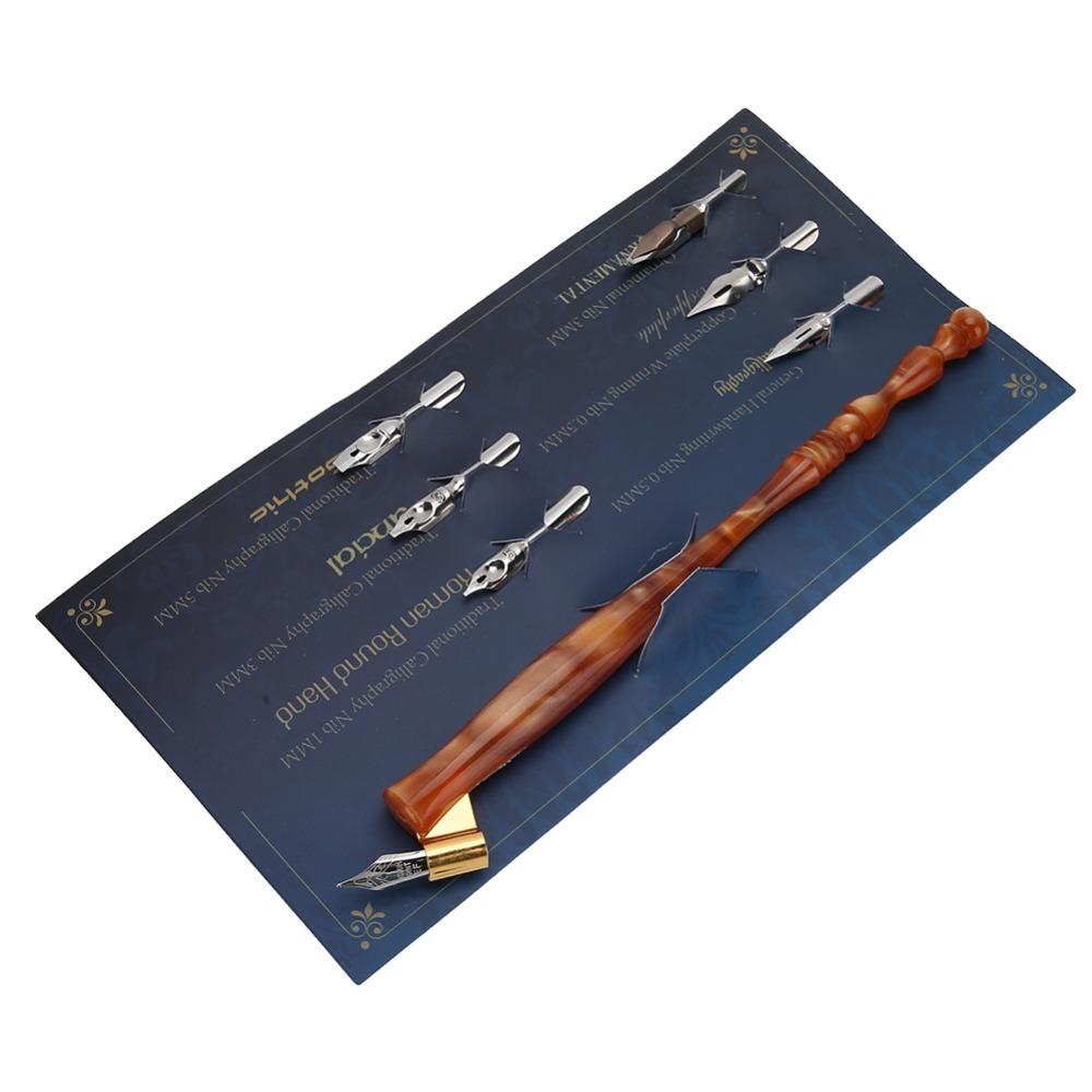 7pcs Antique Copperplate Finish Calligraphy Dip Pen Flat Nibs Oblique Pen Holder For Artists