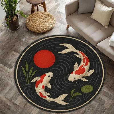 Chinesischer Koi Rundteppich Chinesisches Tai Chi Yin-Yang Floraler Lotus-Teich Teppich Orientalischer Stil Wohnzimmer Schlafzimmer Dekoration Teppich