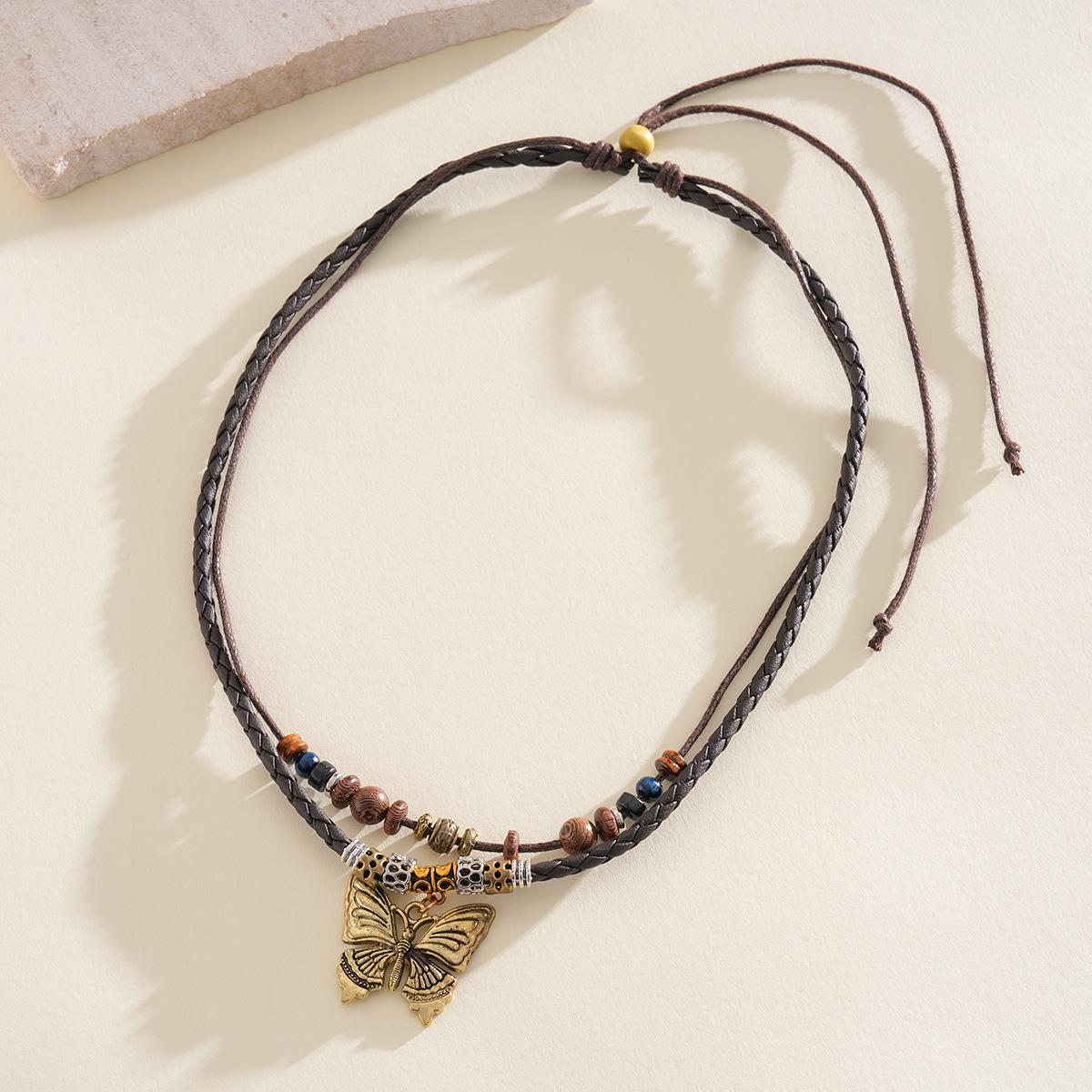 

Leather rope wooden beads beaded butterfly double-layer necklace ethnic style sweater chain fashion item