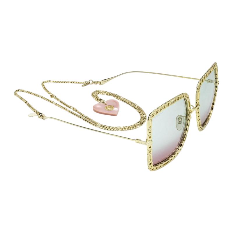 GUCCI Square Frame Metal Sunglasses Gold Light Blue Women's