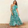 Women Spring Summer Strapless One-Shoulder Print Ankel-Length Dress V-neck High Waist
