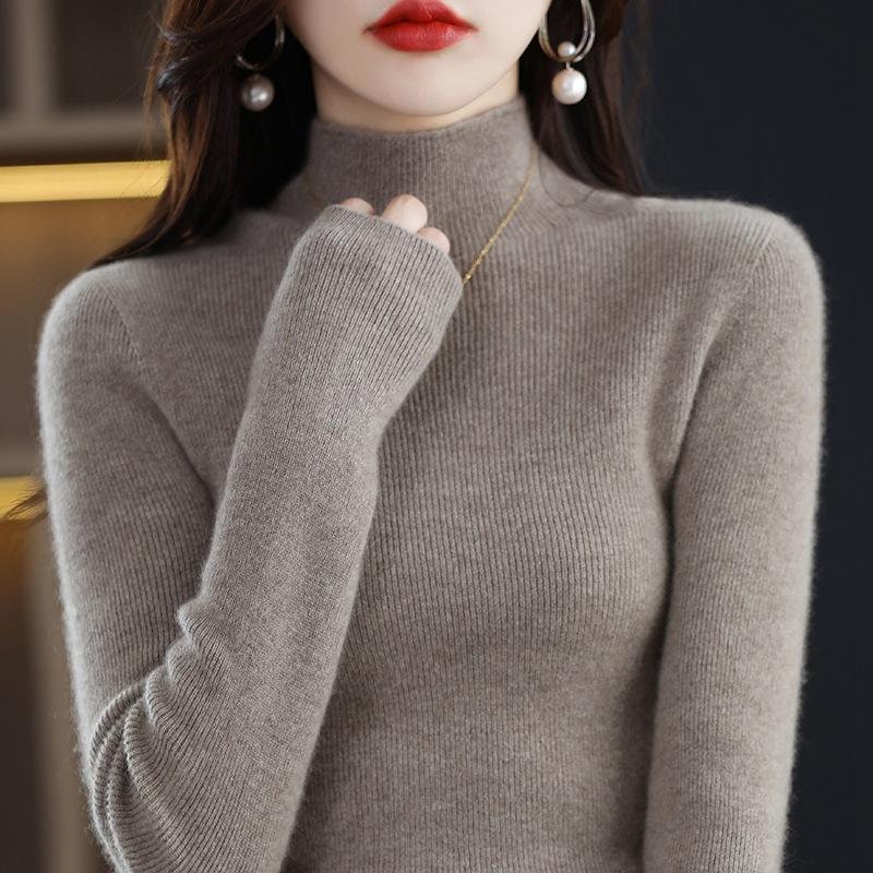 Women's 2024 Autumn and Winter New Style Half Turtleneck Pullover Long-sleeved Sweater Slim Solid Color Warm Knitted Bottoming Shirt