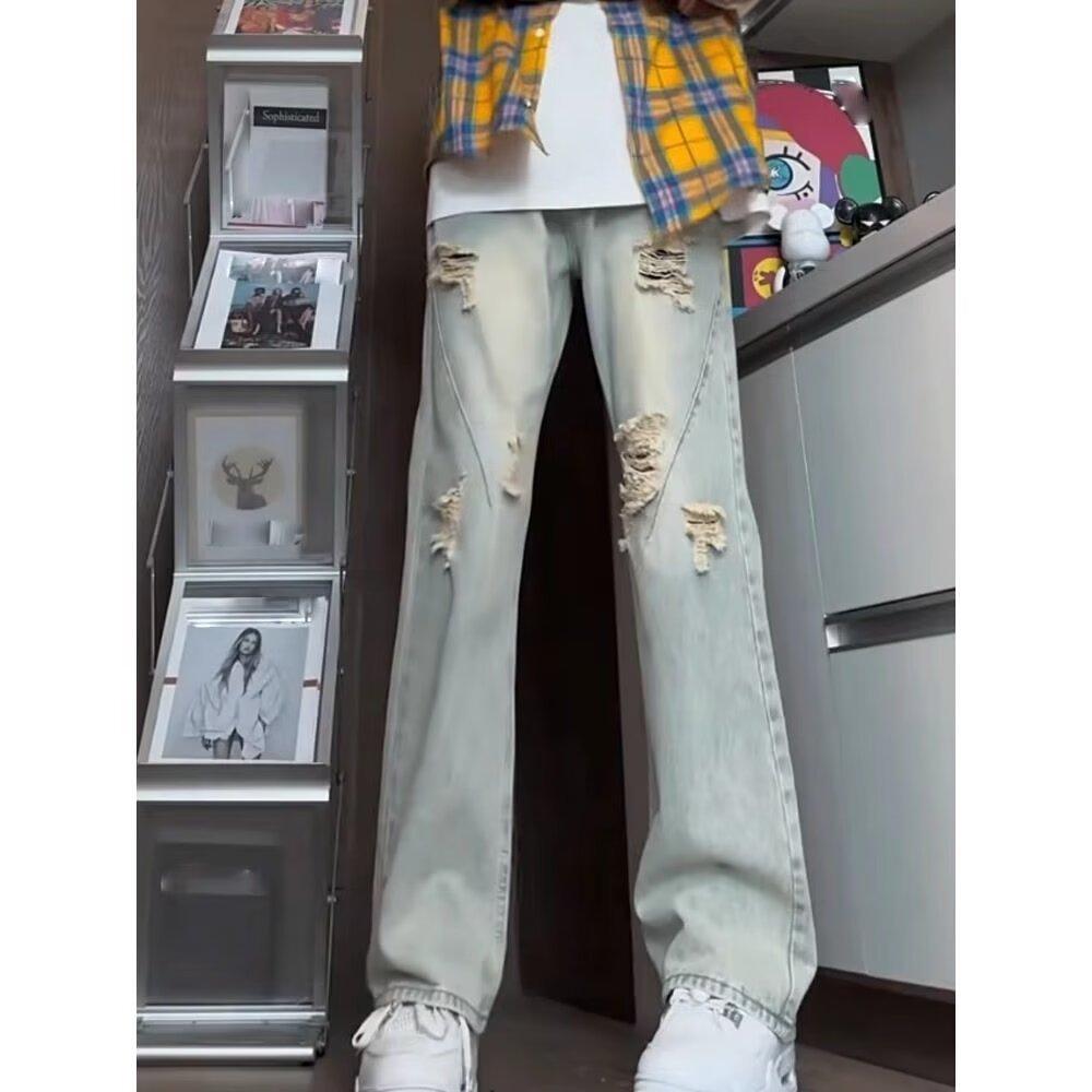 Jeans men's summer thin yellow mud ripped slim straight pants high street trendy brand ruffian handsome casual pants
