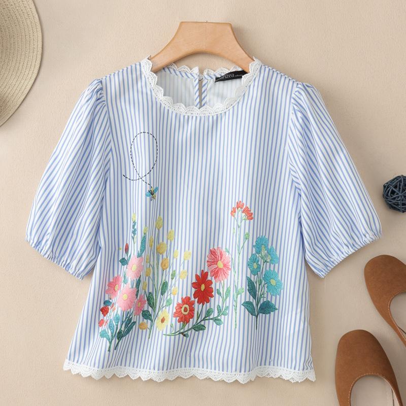 ZANZEA Women Lace Splice Round Neck Short Sleeve Floral Print Stripe Blouse S