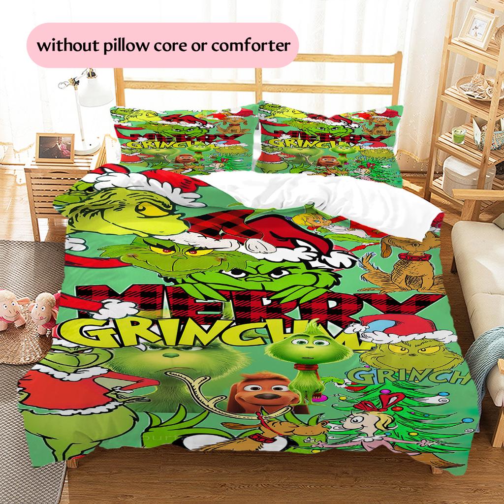1 Stück Grinch-Muster Bettwäsche Steppdecke Set Bettbezug Kissenbezug Heimdekoration Geburtstagsgeschenk (1 Bettbezug + 2 Kissenbezüge, ohne Füllung)