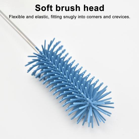 Silicone Bottle Brush with Stainless Steel Long Handle Press-Rotating Design Soft Bristle Cup Brush