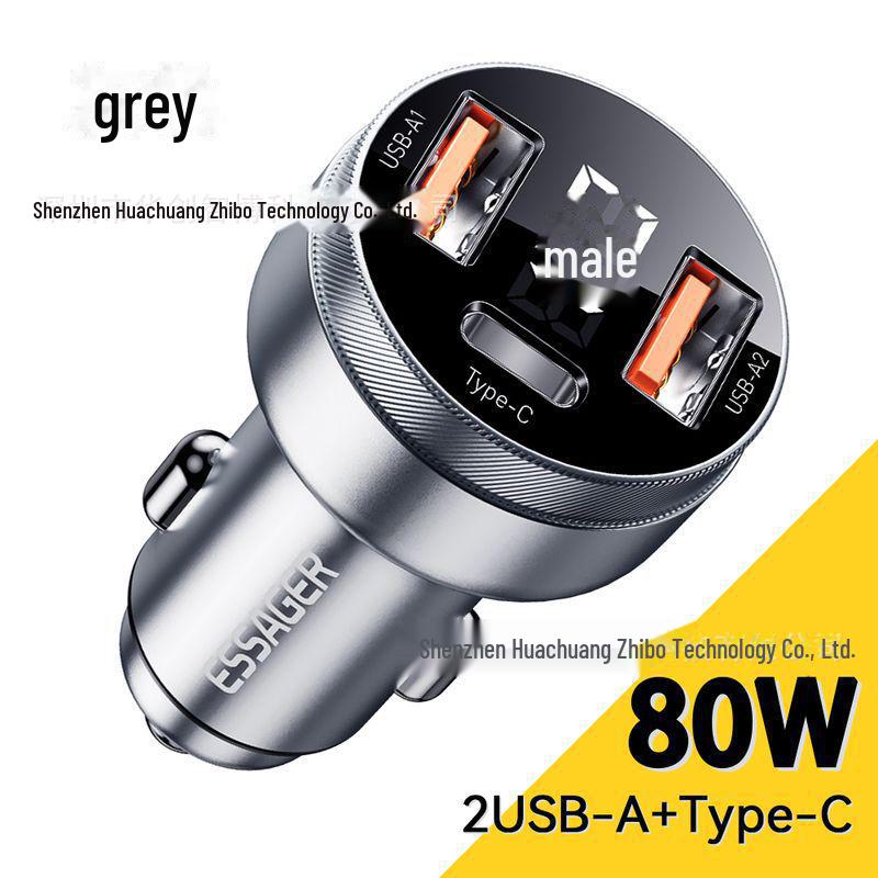 

Автомобильное зарядное устройство ESSAGER Fenglang мощностью 80 Вт из алюминия с цифровым дисплеем, PD и двойным трехпортовым адаптером быстрой зарядки QC для прикуривателя. серый