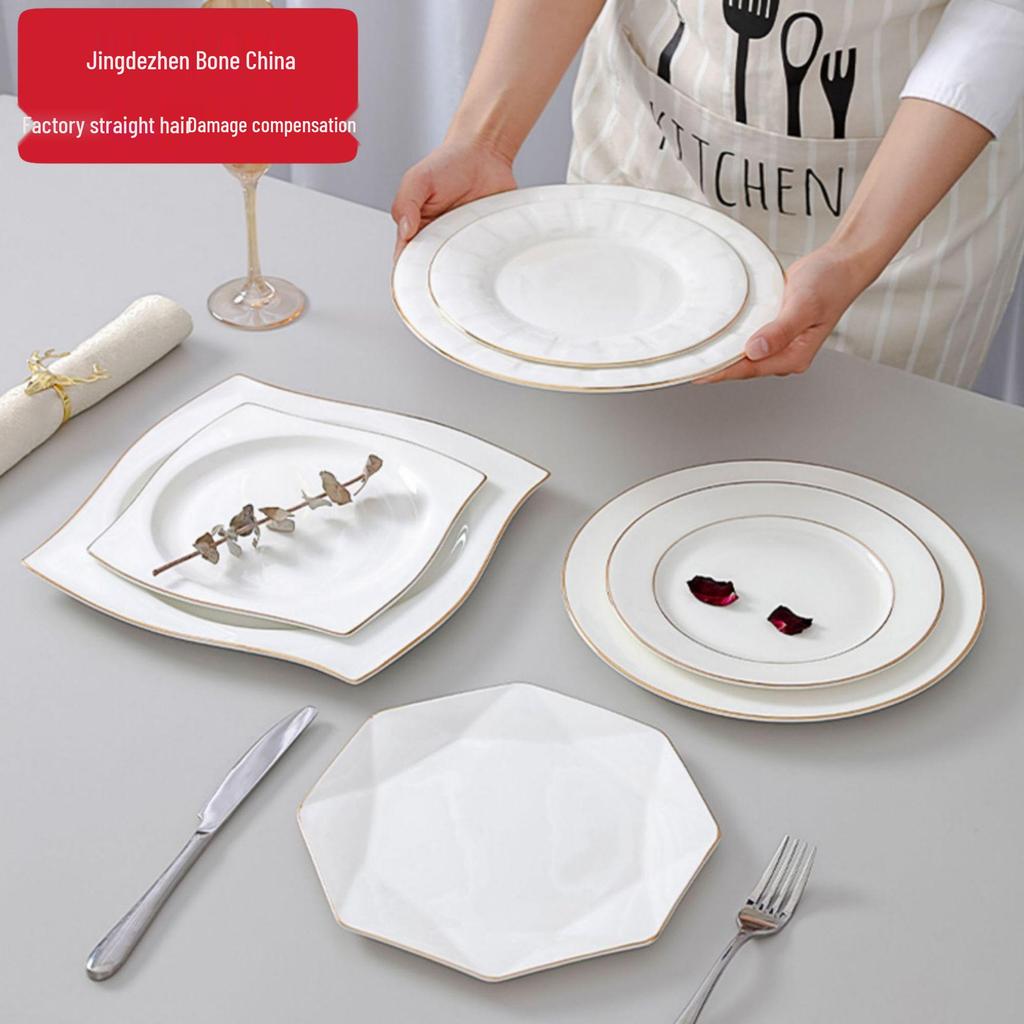 Gold Rimmed Jingdezhen Bone China Flat Plate - Elegant Ceramic Dinnerware for Home & Restaurant