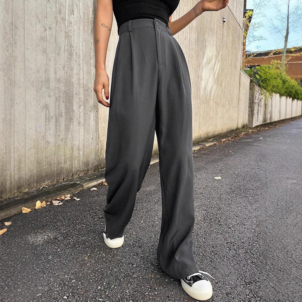 Women's High Rise Wide Leg Pants Loose Fit American Trend Drapey Straight Leg Pocket Polyester Casual Long Trousers