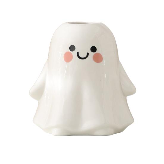 Ghost Shape Vase with Smile Face Pattern Ceramic Flower Planter Pot Nursery Room Bedroom Home White Decor