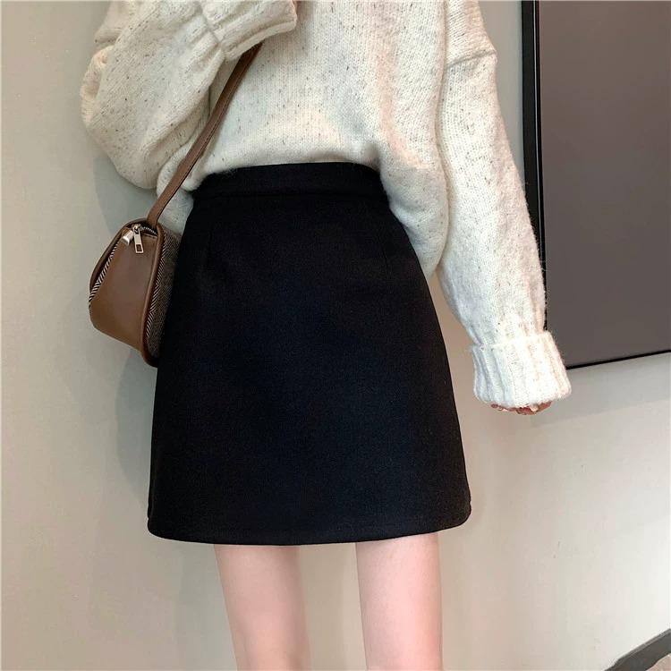 2024 Petite Women's Black A-Line Woolen High Waist Bodycon Mini Skirt - Versatile Slimming Design for Autumn/Winter